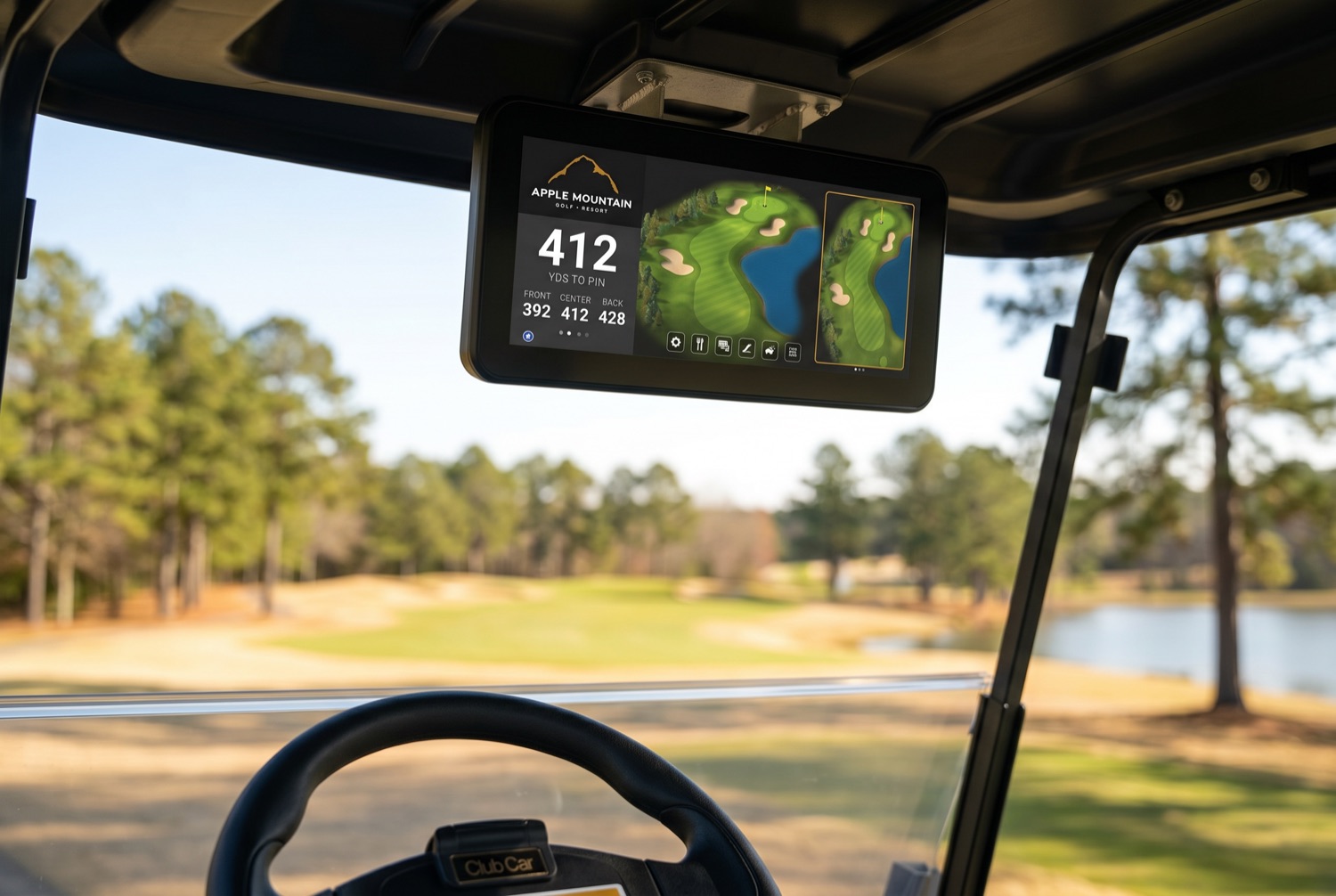 Concept of the onboard GPS touchscreen showing yardage